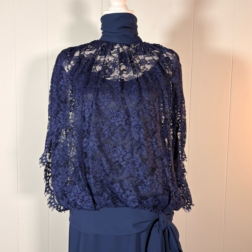 Vintage Navy Lace Cocktail Dress Women’s 4 Blue Batwing Drop Waist Chic Elegant - Picture 4 of 11